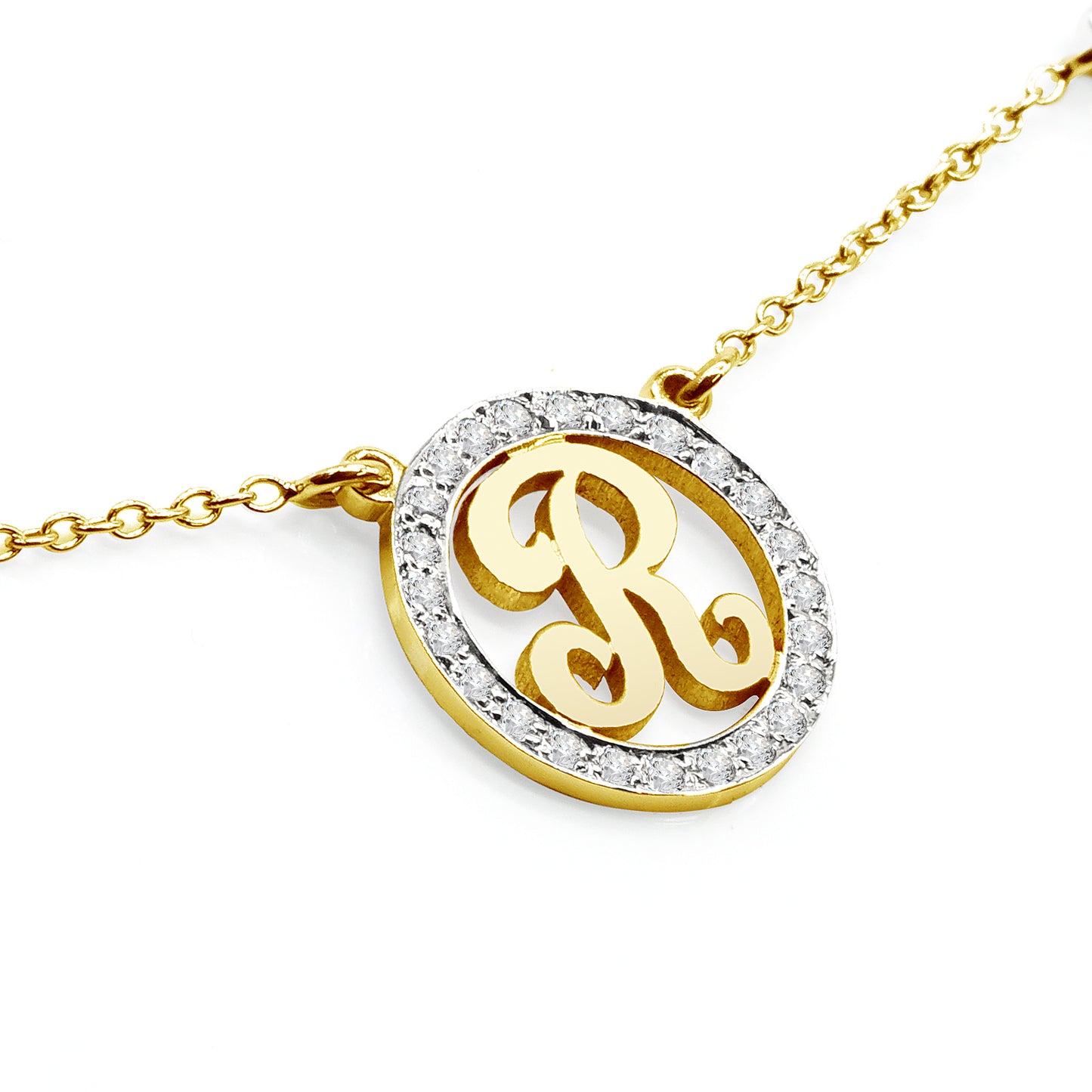 Multi-Initials Station Necklace in 14K Gold with Diamond Halo | Script Text