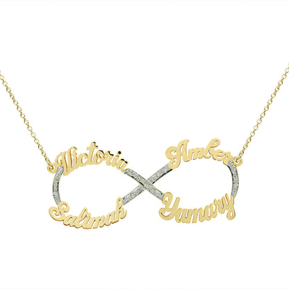 Four Name Infinity Necklace in 14K Gold and 0.25ct of Diamonds | Personalize with the Names of your Choice!