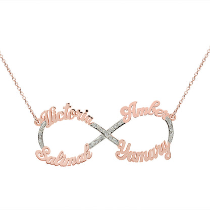 Four Name Infinity Necklace in 14K Gold and 0.25ct of Diamonds | Personalize with the Names of your Choice!