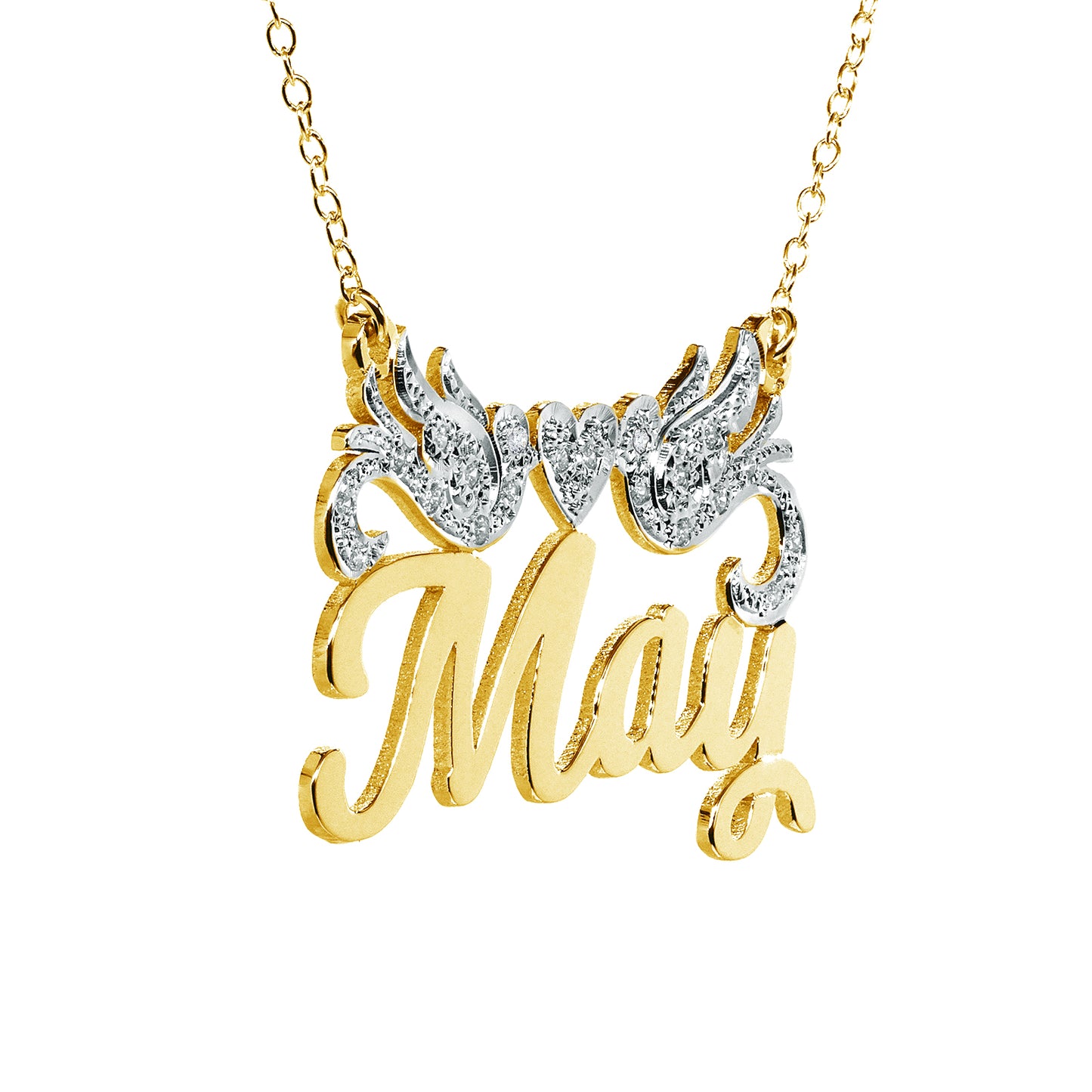 Custom Nameplate with Doves and Heart in 14K Gold and Diamonds Necklace