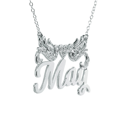 Custom Nameplate with Doves and Heart in 14K Gold and Diamonds Necklace