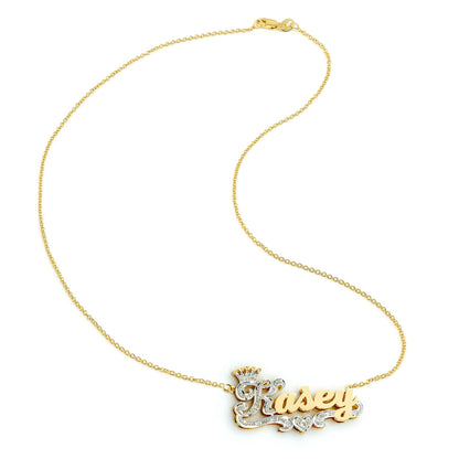 Custom 14K Gold and Diamonds Nameplate Necklace with Crown | Personalized