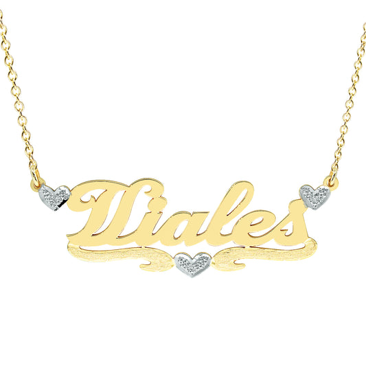 14K Gold Nameplate with Diamond Hearts with High Polish Names