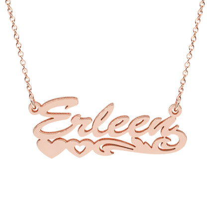 14K Gold Name Plate with Hearts Necklace | High Polish