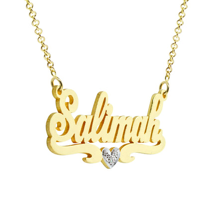 Custom 14K Gold Name Plate Necklace with Diamond on Heart