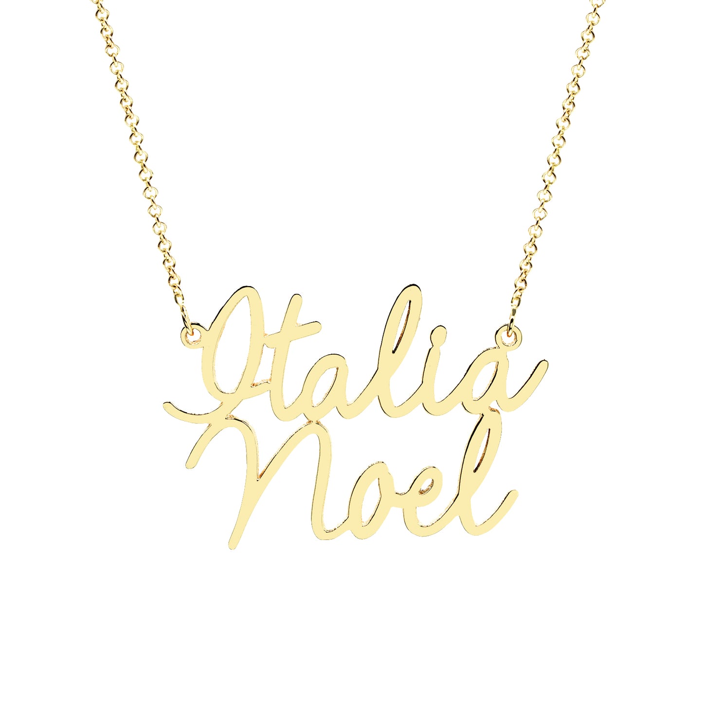 Two Name Script Charm Necklace in 14K Gold