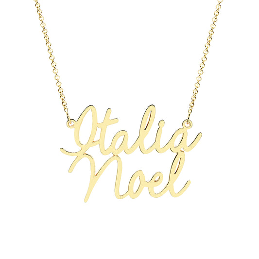 Two Name Script Charm Necklace in 14K Gold