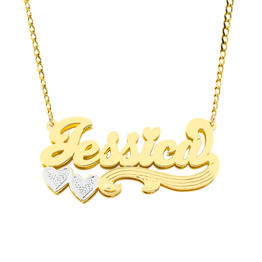 Double Heart Nameplate Curb Chain Name Necklace in 14k Gold with Rhodium Sparkle