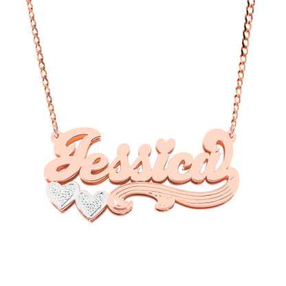 Double Heart Nameplate Curb Chain Name Necklace in 14k Gold with Rhodium Sparkle
