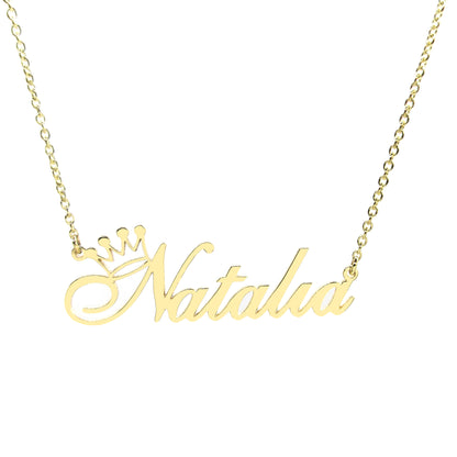 Crowned Name in Fancy Script Pendant Necklace in 14K Gold