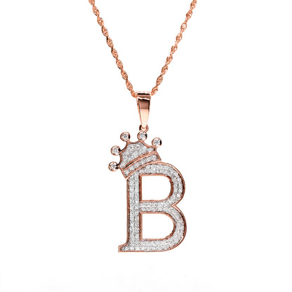 14K Gold Crowned Initial Pendant Charm with Diamonds and Chain Options