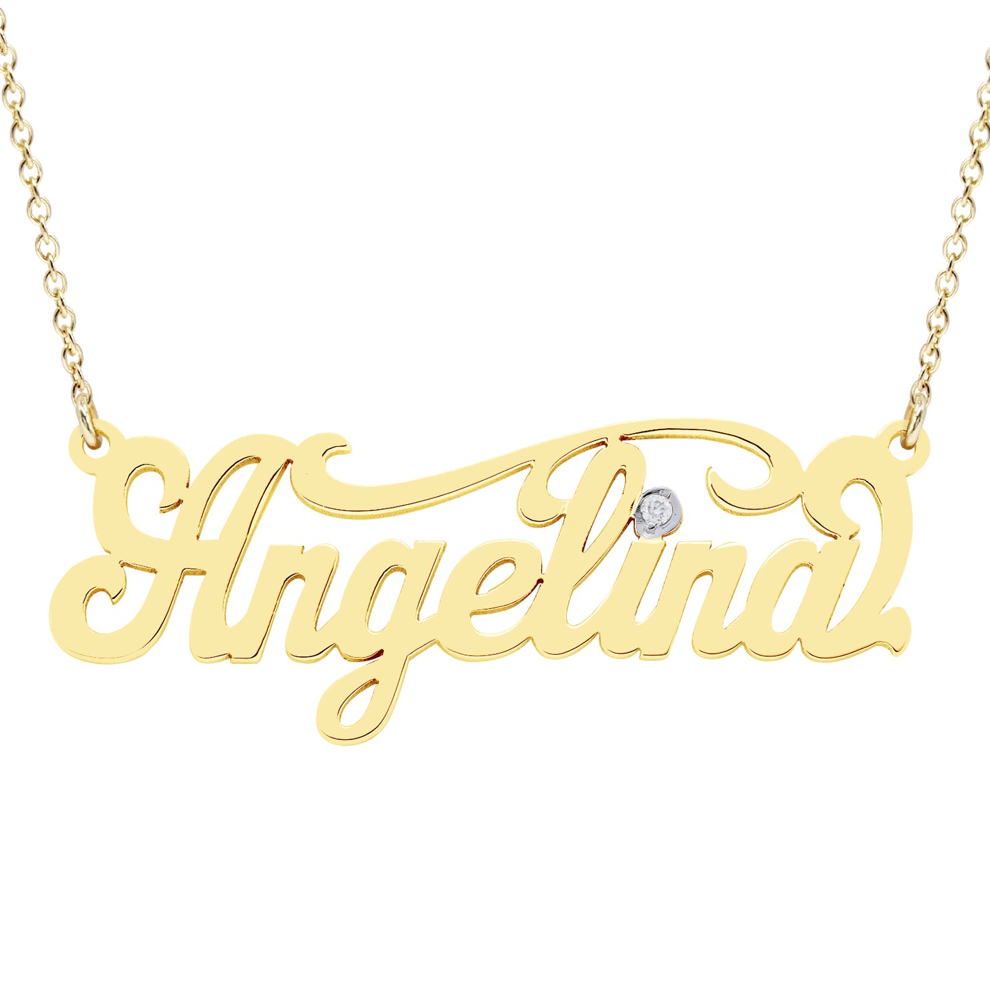 Fancy Script Nameplate Necklace with Accent Diamond option in High Polish 14K Gold