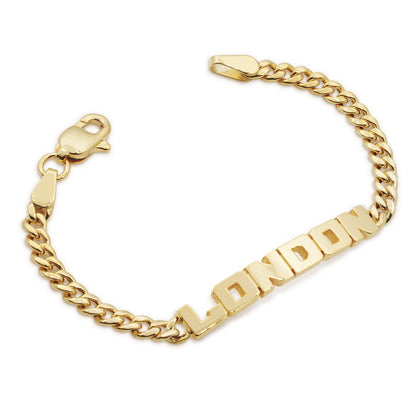 Custom Block Text Name Bracelet in High Polished 14K Gold with Curb Chain