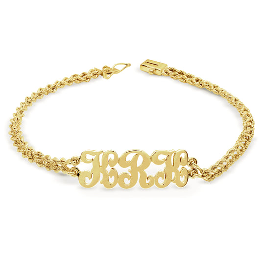 Triple Initial Charm Bracelet with Double Rope Chain in 14K Gold