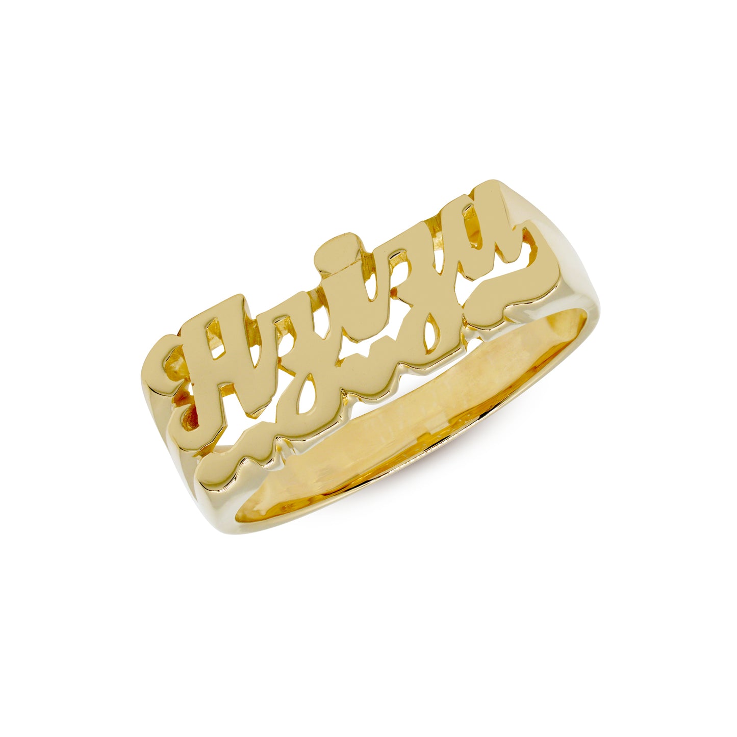 Script Text Name Ring with High Polish Face and Heart Feature in 14K Gold