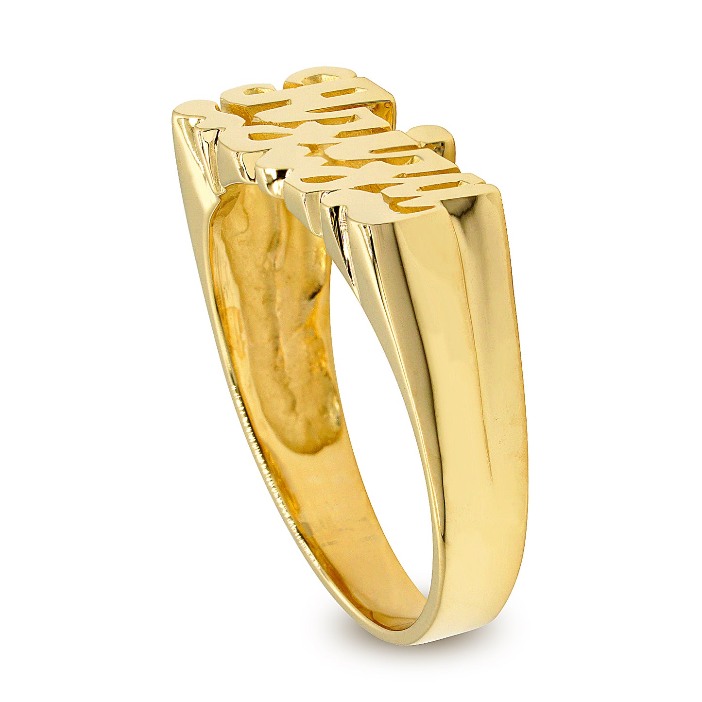 Script Text Name Ring with High Polish Face and Heart Feature in 14K Gold