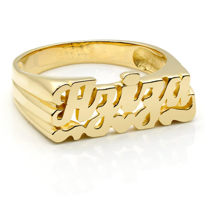 Script Text Name Ring with High Polish Face and Heart Feature in 14K Gold