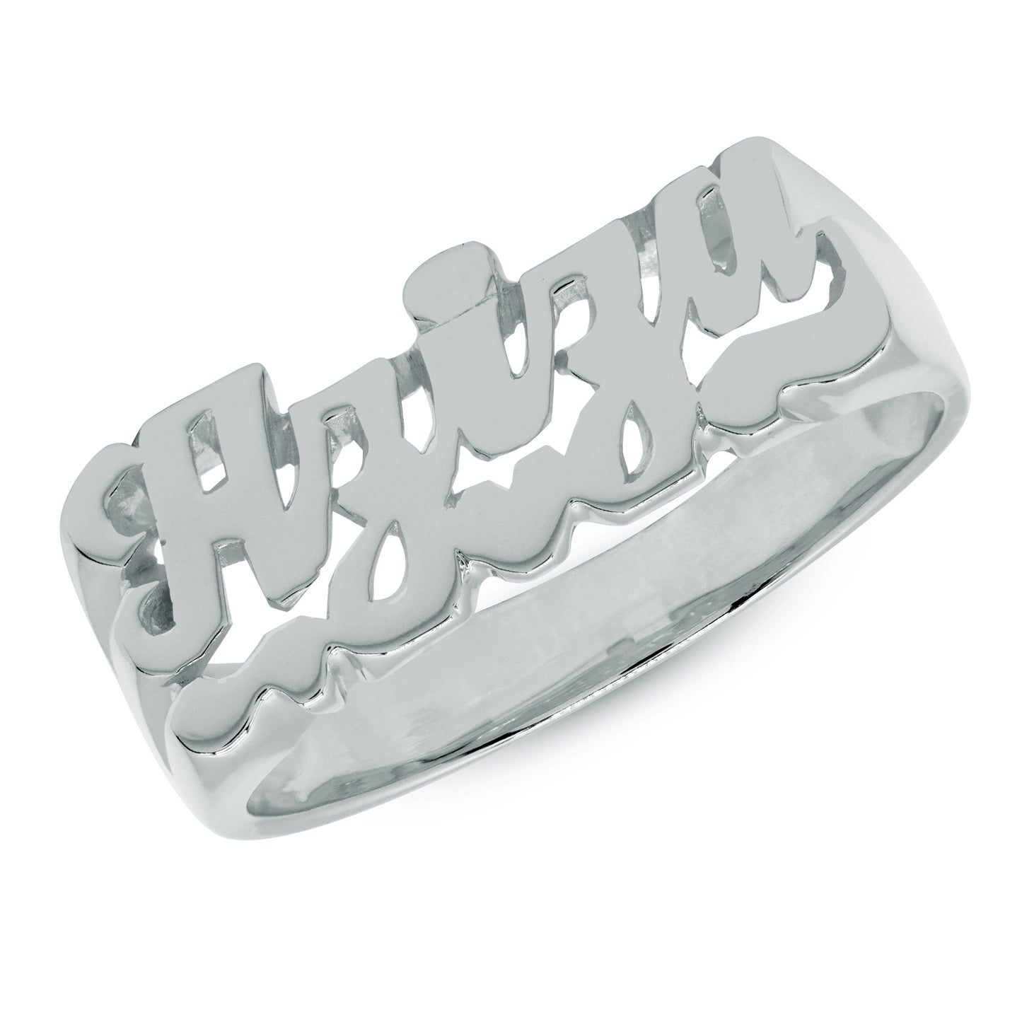 Script Text Name Ring with High Polish Face and Heart Feature in 14K Gold