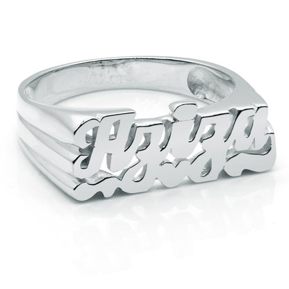 Script Text Name Ring with High Polish Face and Heart Feature in 14K Gold