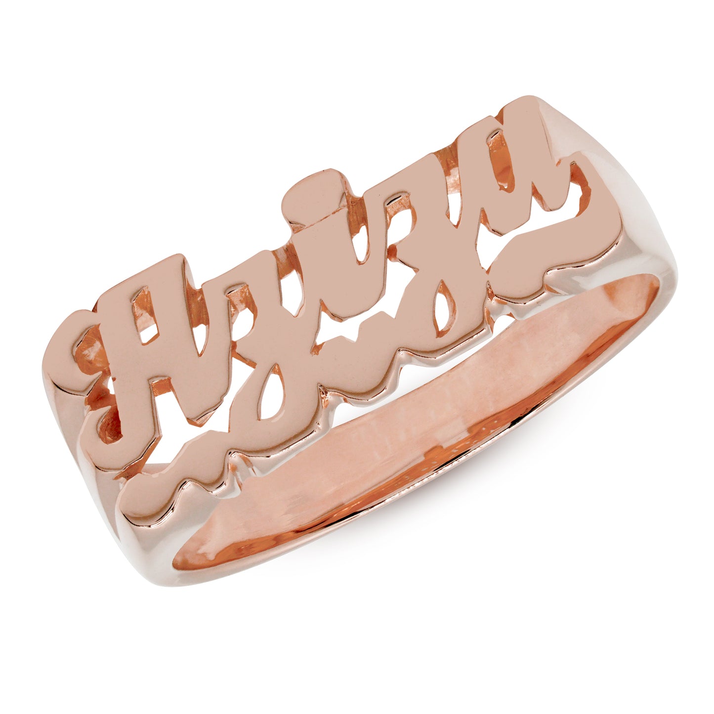 Script Text Name Ring with High Polish Face and Heart Feature in 14K Gold