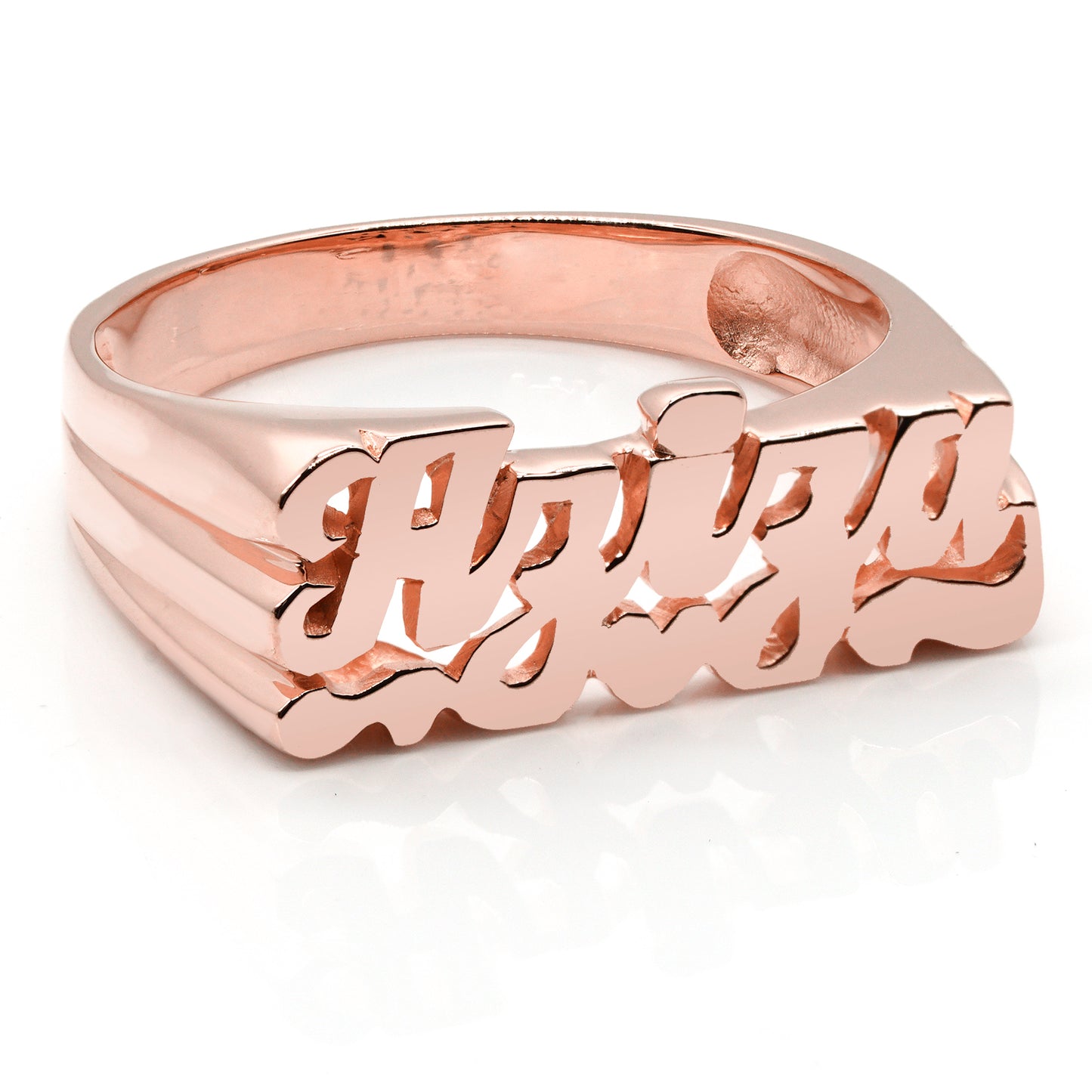 Script Text Name Ring with High Polish Face and Heart Feature in 14K Gold