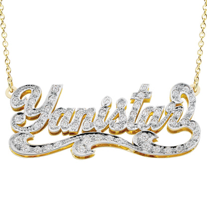 Script Text Double Layered Nameplate with Fancy Tail and Diamonds and 14K Gold