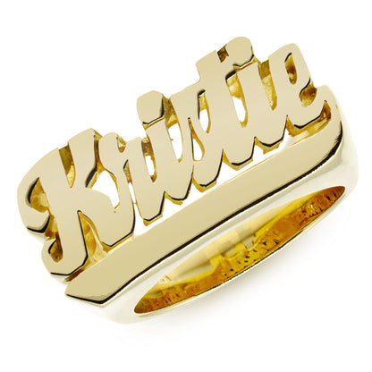 Underscored Script Text Name Ring with High Polish Face and Featured in 14K Gold