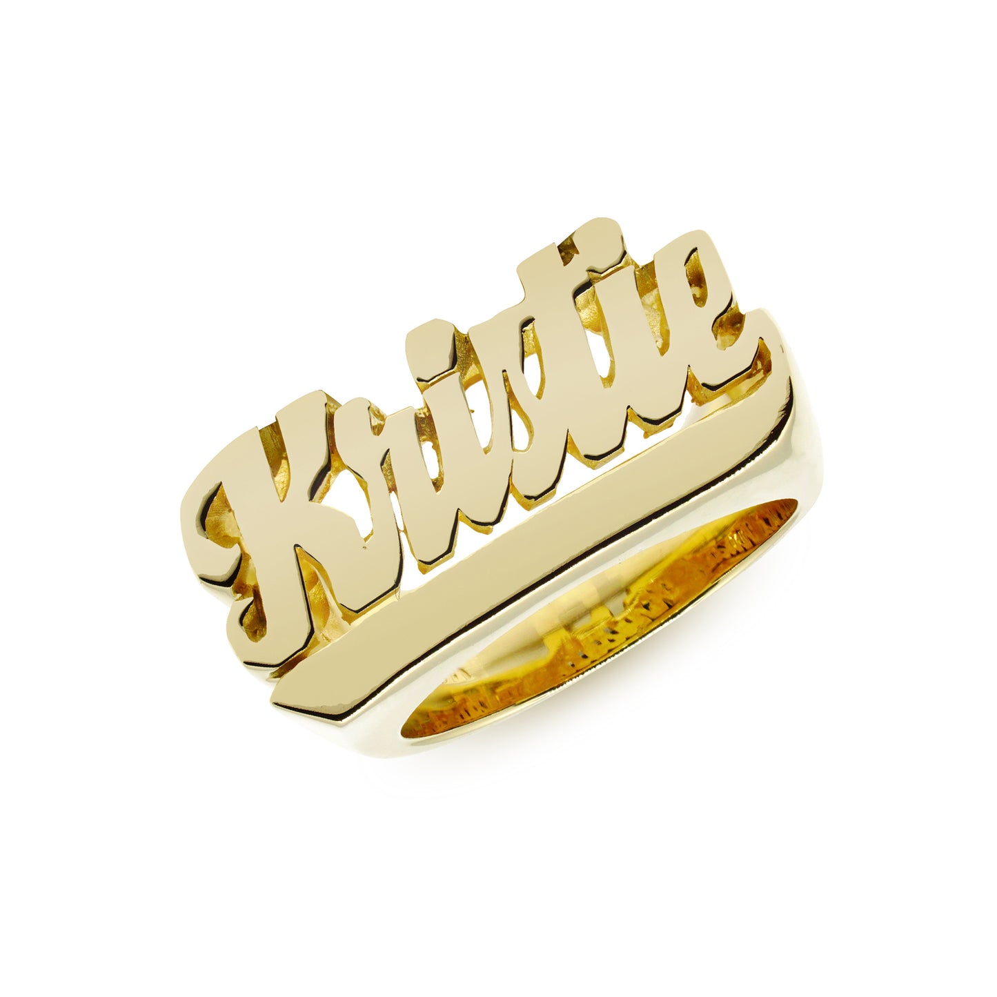 Underscored Script Text Name Ring with High Polish Face and Featured in 14K Gold