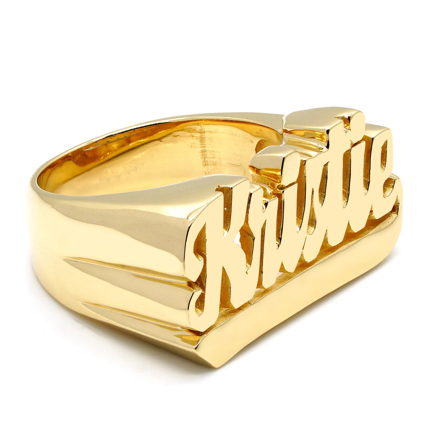 Underscored Script Text Name Ring with High Polish Face and Featured in 14K Gold