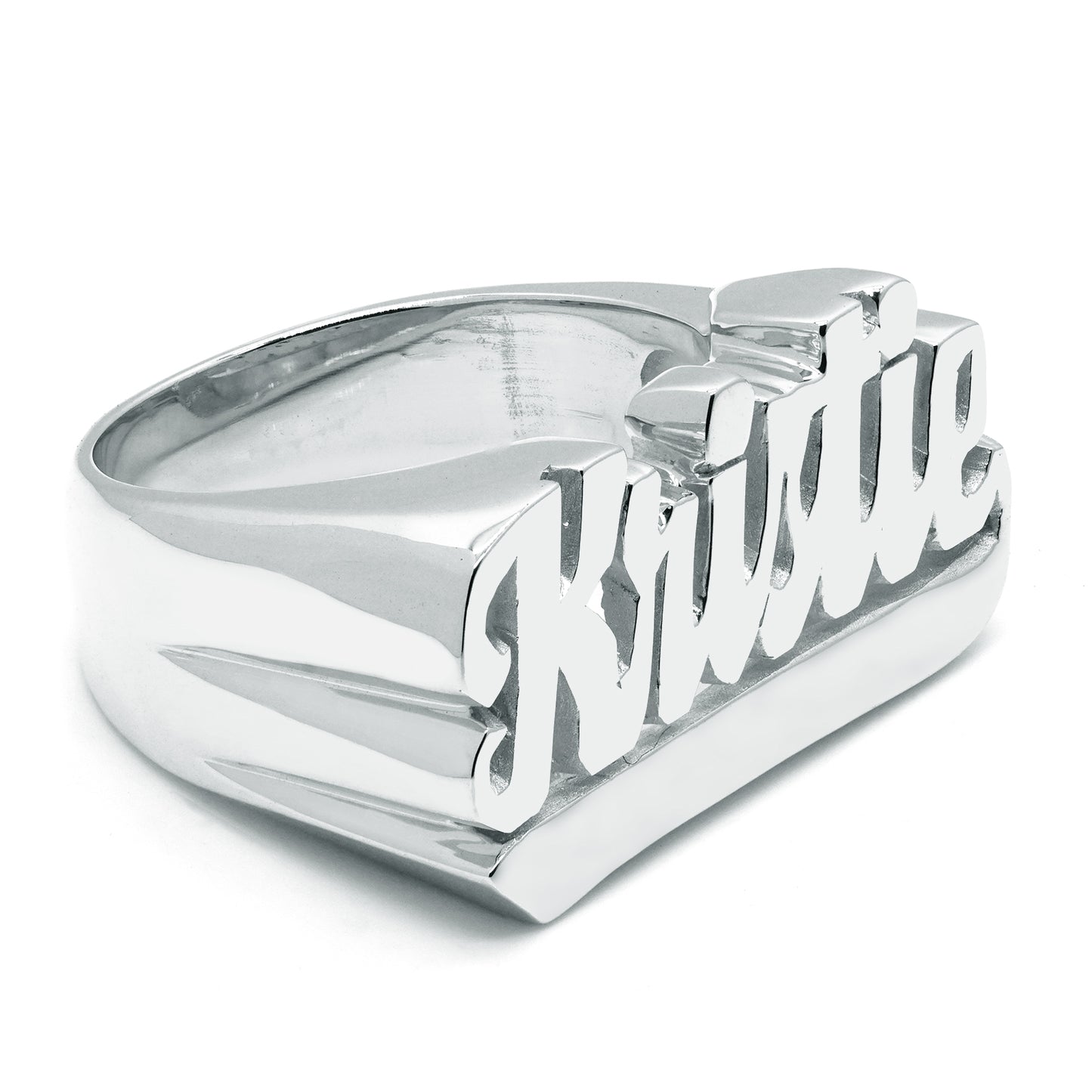 Underscored Script Text Name Ring with High Polish Face and Featured in 14K Gold