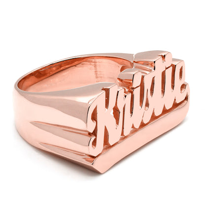 Underscored Script Text Name Ring with High Polish Face and Featured in 14K Gold