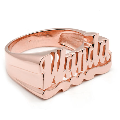 Custom Name Ring with High Polished Face in 14K Gold | Heart and Tail Feature