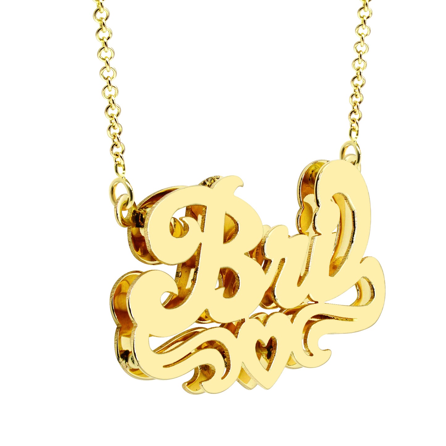 Double Layer Nameplate Necklace with Heart and Tail Flourish in High Polished 14K Gold