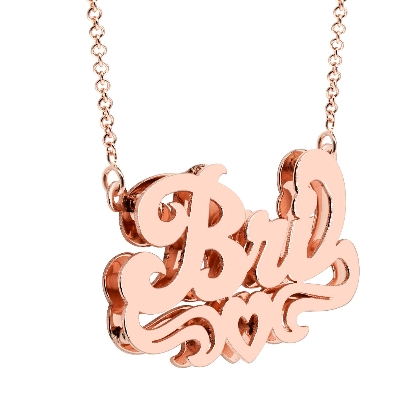 Double Layer Nameplate Necklace with Heart and Tail Flourish in High Polished 14K Gold