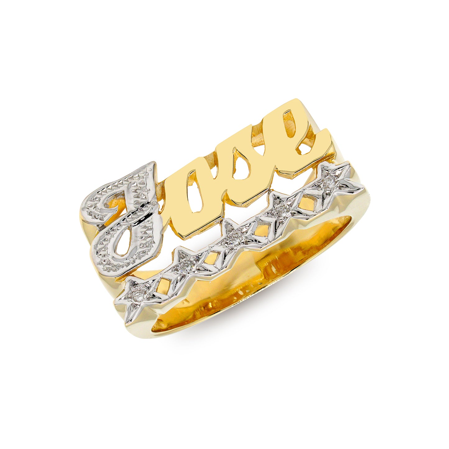 Custom Nameplate Ring with Rhodium Sparkle on the First Letter and 5 Stars with Diamonds | 14K Gold