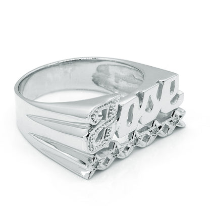 Custom Nameplate Ring with Rhodium Sparkle on the First Letter and 5 Stars with Diamonds | 14K Gold