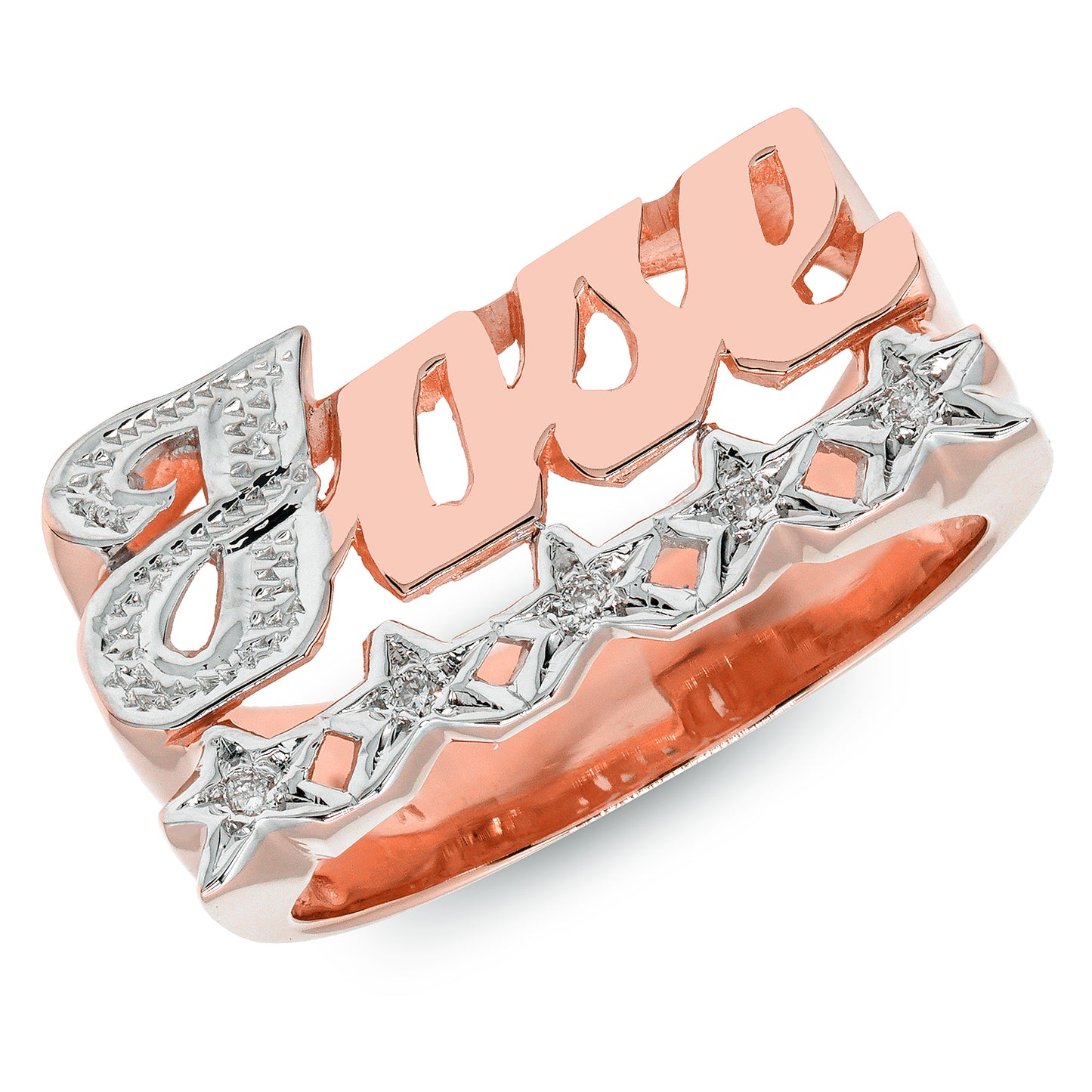 Custom Nameplate Ring with Rhodium Sparkle on the First Letter and 5 Stars with Diamonds | 14K Gold