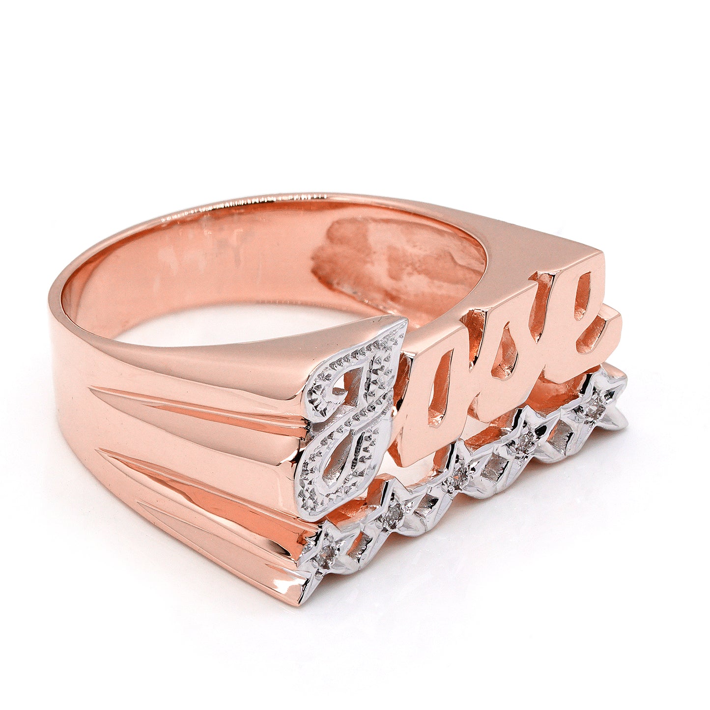 Custom Nameplate Ring with Rhodium Sparkle on the First Letter and 5 Stars with Diamonds | 14K Gold