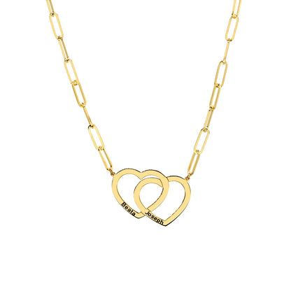 Interlocking Hearts Necklace in 14K Gold Paperclip Chain | Engravable