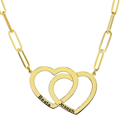 Interlocking Hearts Necklace in 14K Gold Paperclip Chain | Engravable