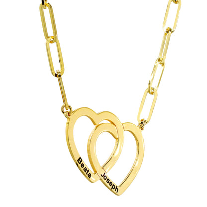 Interlocking Hearts Necklace in 14K Gold Paperclip Chain | Engravable