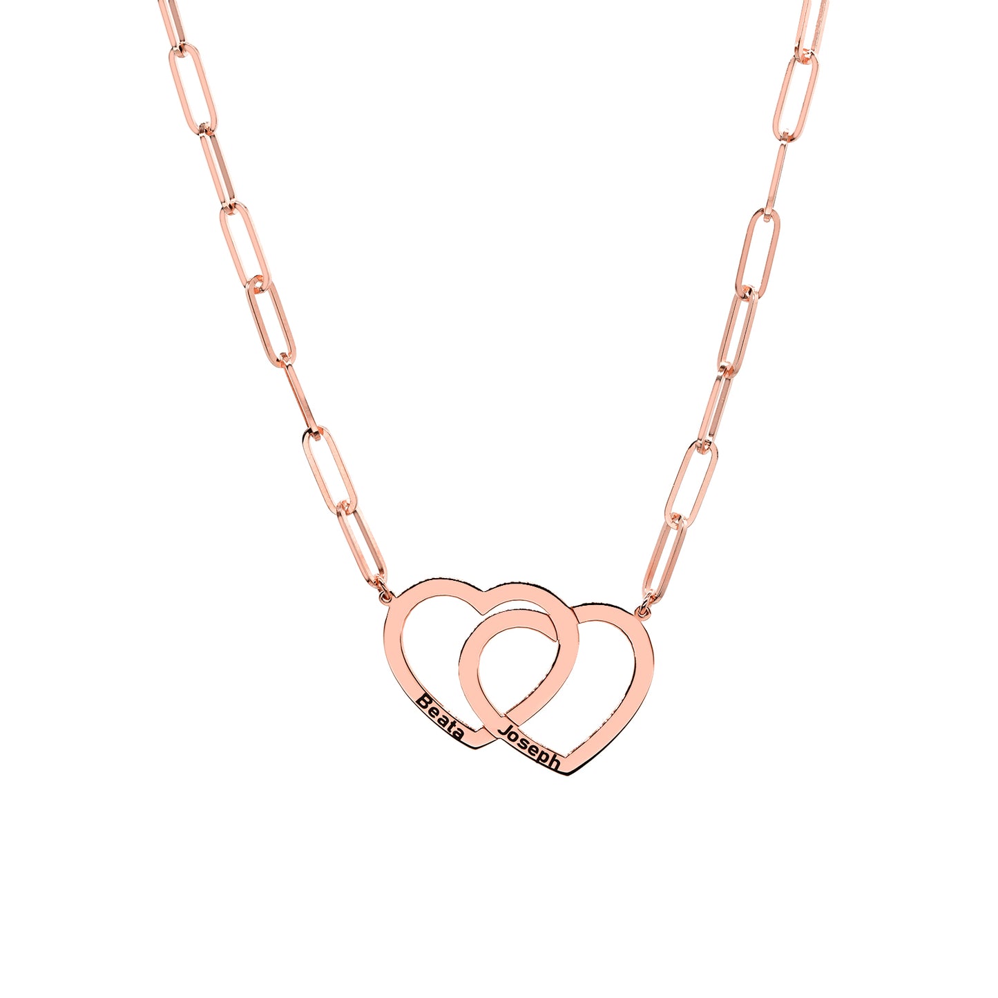 Interlocking Hearts Necklace in 14K Gold Paperclip Chain | Engravable