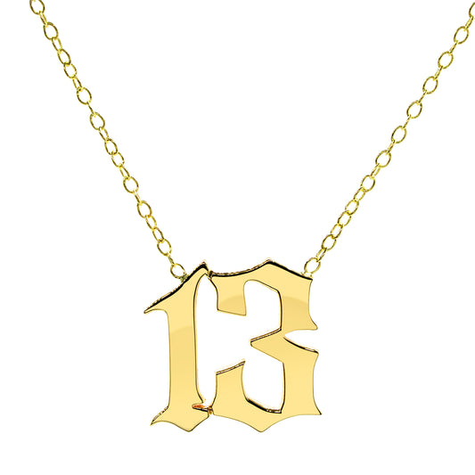 Old English Numbers Necklace in High Polished 14K Gold