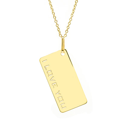 I Love You Dog Tag Pendant in High Polished 14K Gold | Punched Out Block Text