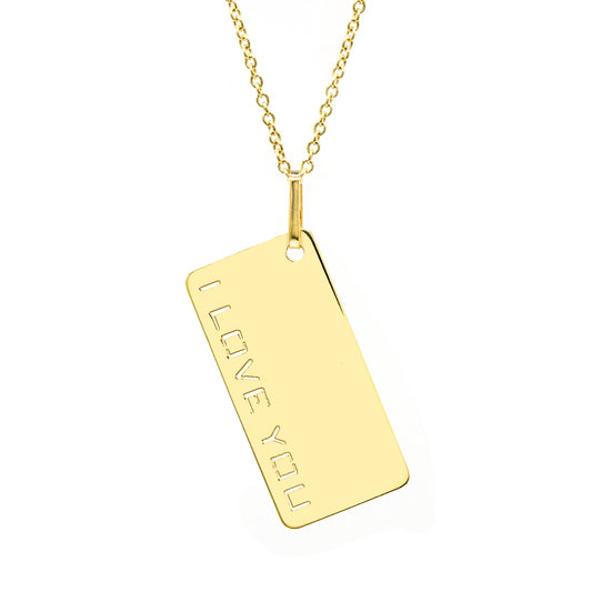 I Love You Dog Tag Pendant in High Polished 14K Gold | Punched Out Block Text