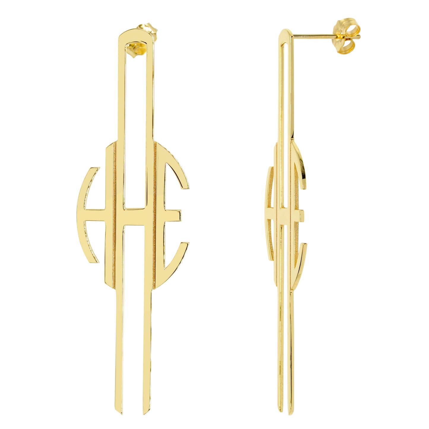 Elongated Monogram Drop Earrings in High Polished 14K Gold