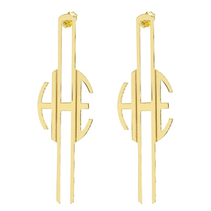 Elongated Monogram Drop Earrings in High Polished 14K Gold