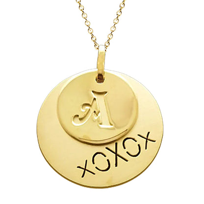 14K Gold 1 Initial Monogram Coin Pendant and XOXO Punch Out Coin Pendant