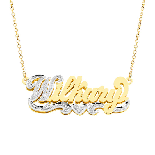 Double Layered Nameplate Necklace with Rhodium Sparkle on First Initial in 14K Gold