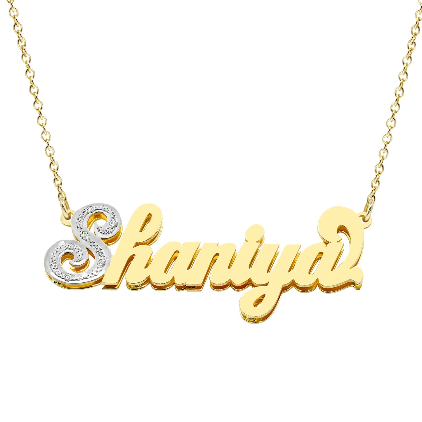 Custom Double Name Plate in 14K Gold plus Diamonds on First Initial